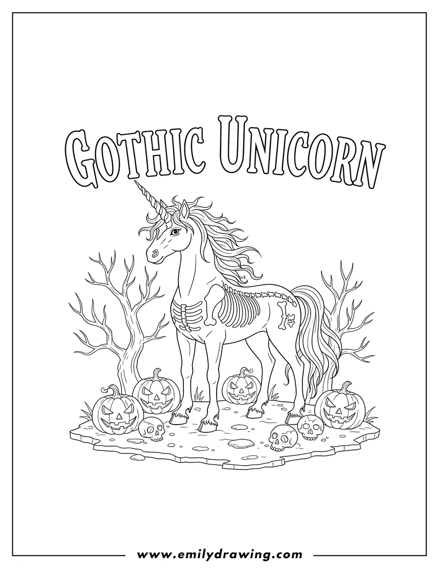 Outline drawing of dark Fantasy Gothic Unicorn with a skeleton ribcage, surrounded by jack-o'-lanterns and creepy skulls, with the title Gothic Unicorn above