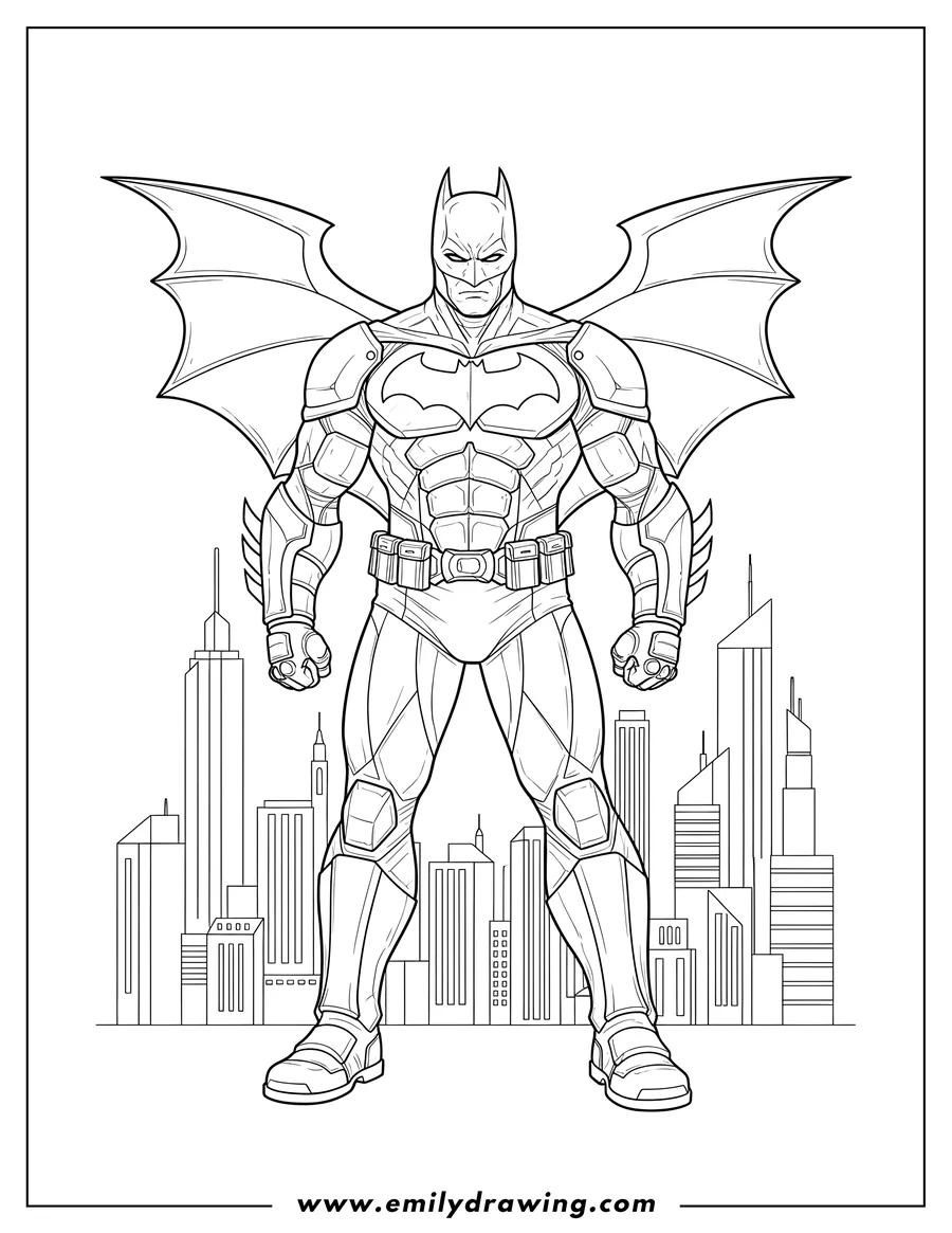 Coloring page of dark Knight Batman Standing Gotham Scaled in an armored suit with large bat symbol wings behind him