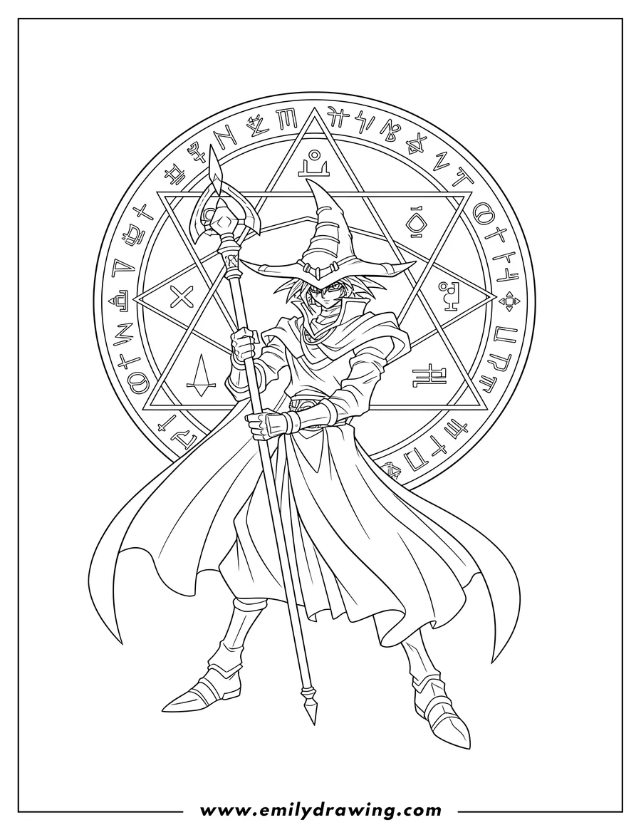 Coloring page of detailed Yu Gi Oh Dark Magician holding a staff with a magic circle behind him