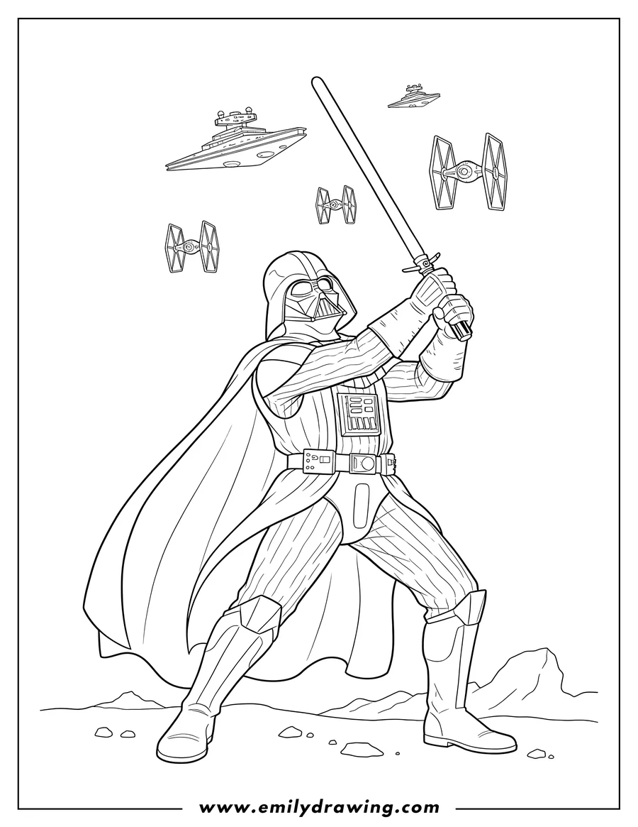 Printable coloring page of darth Vader Fighting Space, holding a lightsaber and looking up at spaceships