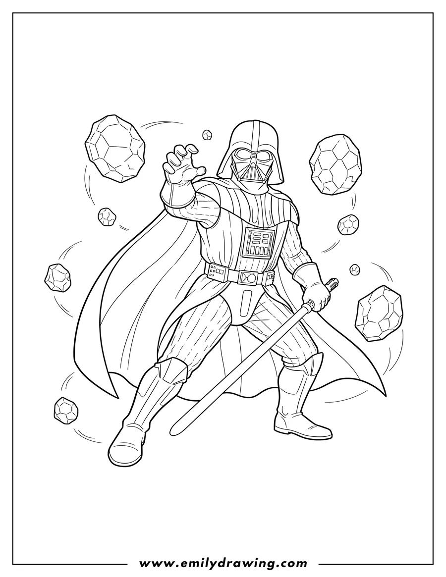 High quality printable detailed Darth Vader using the Force with a raised hand, holding a lightsaber, surrounded by floating rocks for coloring
