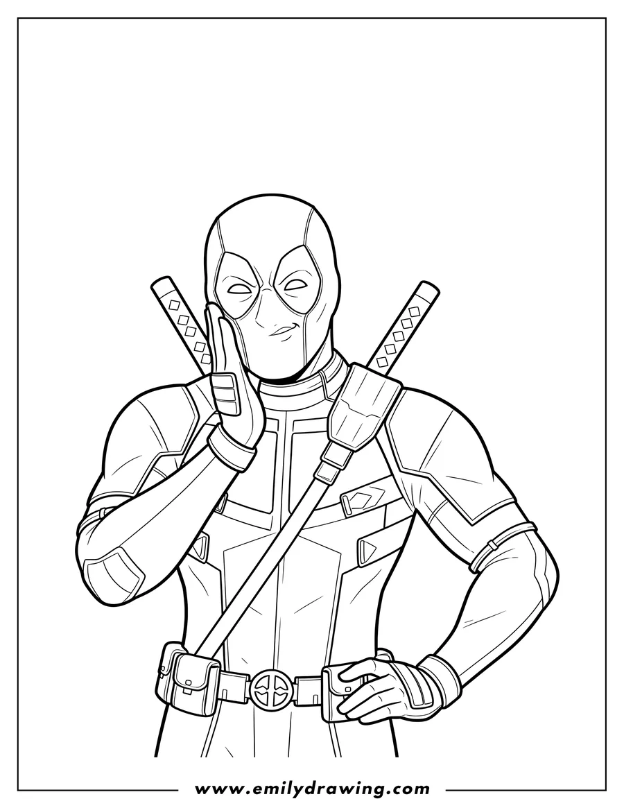 Downloadable coloring page of deadpool wearing his mask, doing a naughty pout face with a raised hand