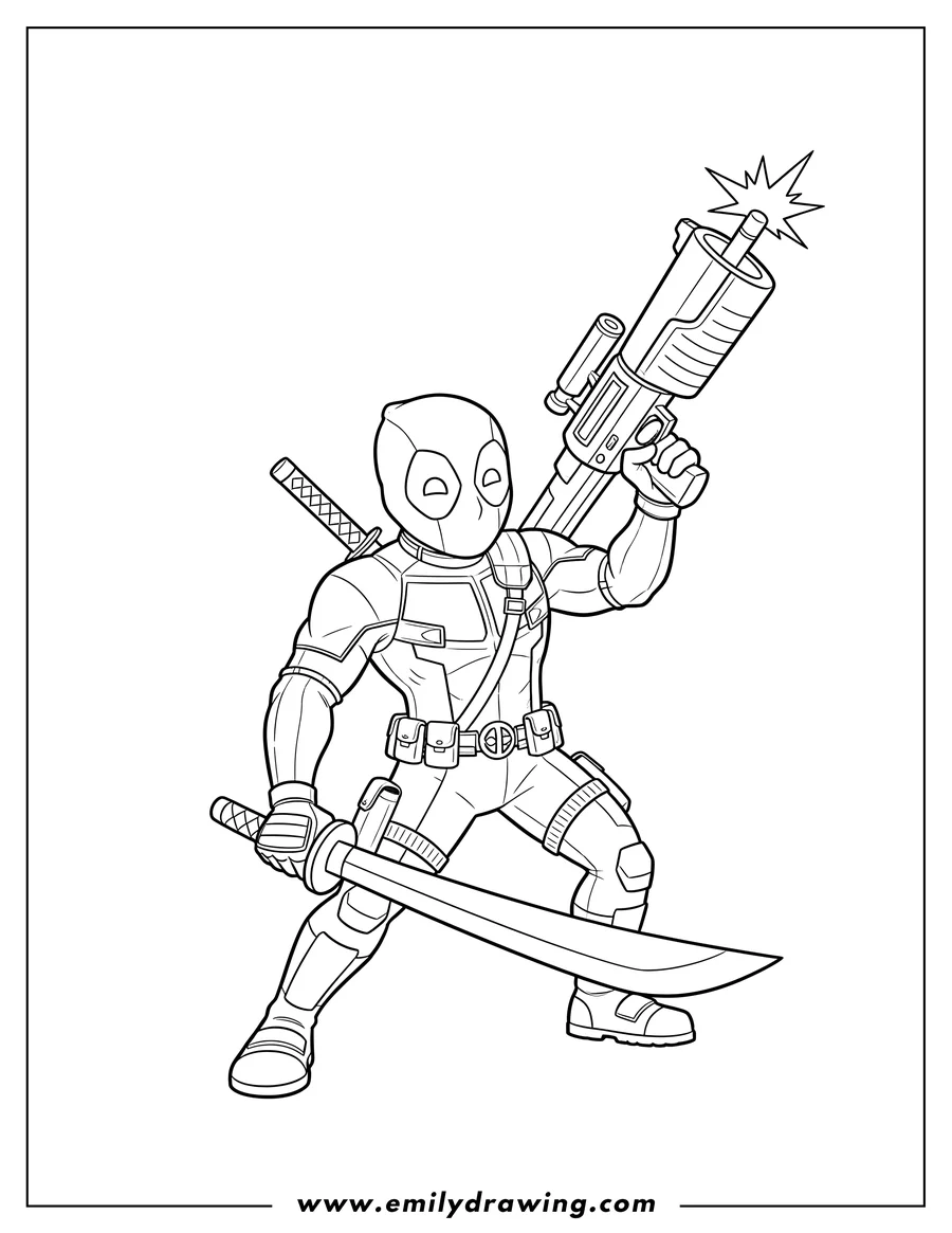 Clean line drawing: deadpool holding a huge gun raised up and a katana extended forward