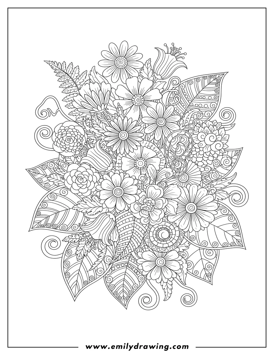 Linear illustration of A dense Zentangle bouquet of wild flowers with pretty leaves