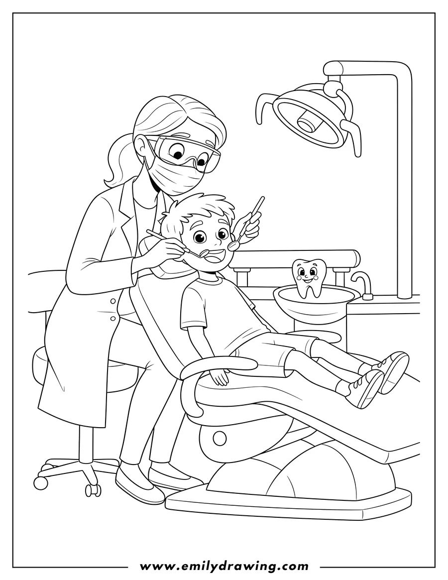 Black and white line art of dentist wearing mask checking little boy's teeth on dental chair