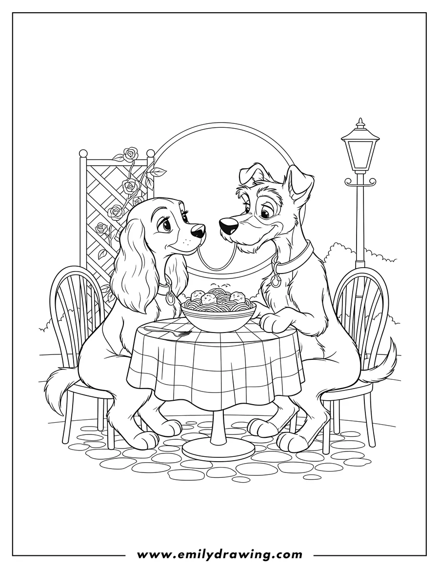 Full page coloring image of detailed Lady And Tramp Dinner Date, sharing spaghetti and looking at each other