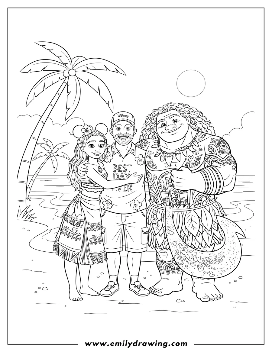 Free printable coloring sheet of disney Adults Disney, Moana and Maui smiling in a detailed coloring page style