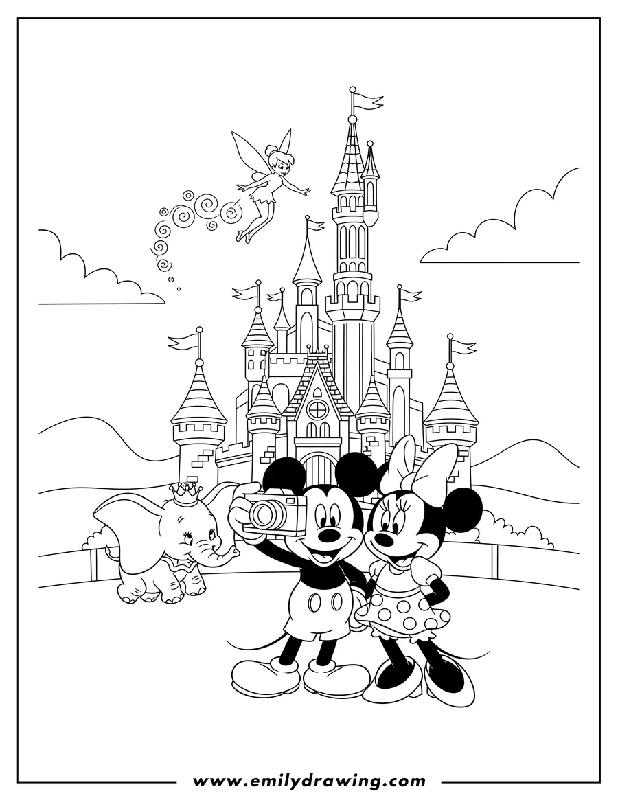 PDF style coloring page: detailed Disney Cartoons Front Castle with Mickey and Minnie Mouse taking a picture, Dumbo, and Tinkerbell flying