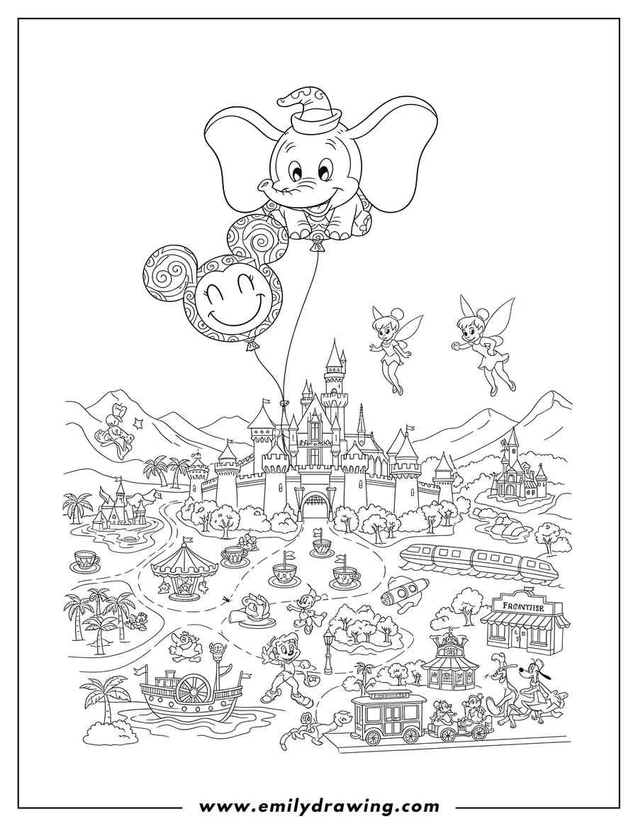 Linear illustration of detailed Disneyland Map featuring Dumbo and Mickey Mouse balloons