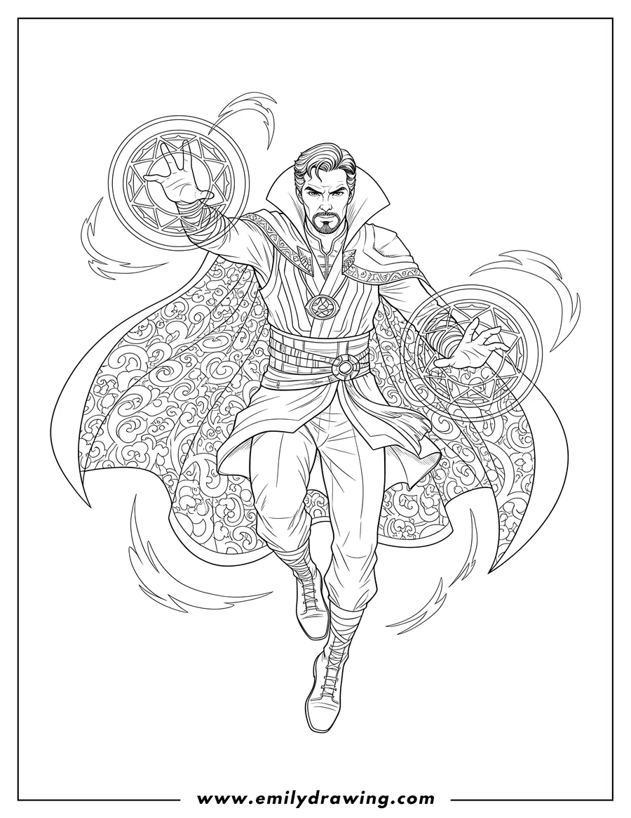 Full page coloring image of detailed Doctor Strange using his powers, casting energy mandalas with both hands, in a dynamic floating pose