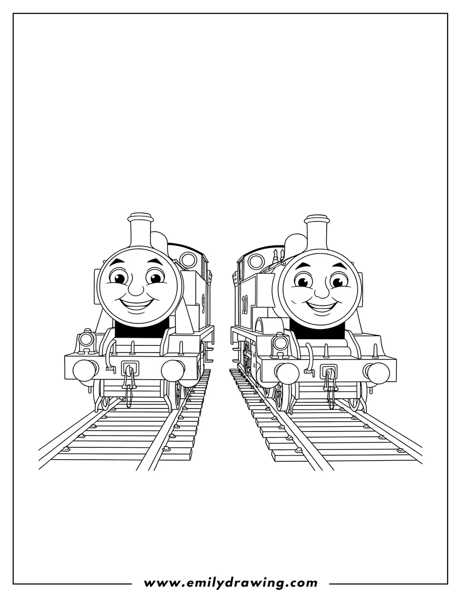 Vector style outline of donald and Douglas trains smiling side-by-side on parallel tracks