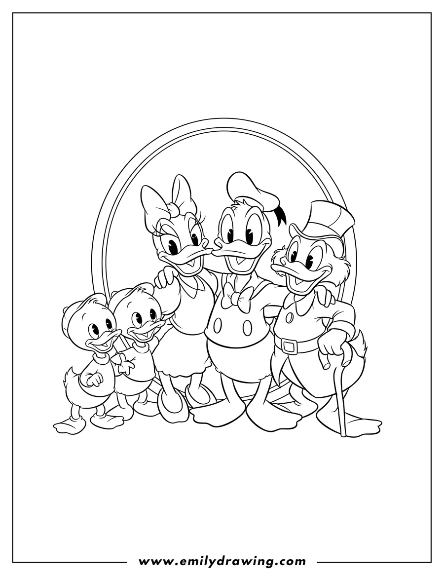 Doodle style coloring picture of donald Duck, Daisy, Scrooge McDuck, and his nephews in a family portrait