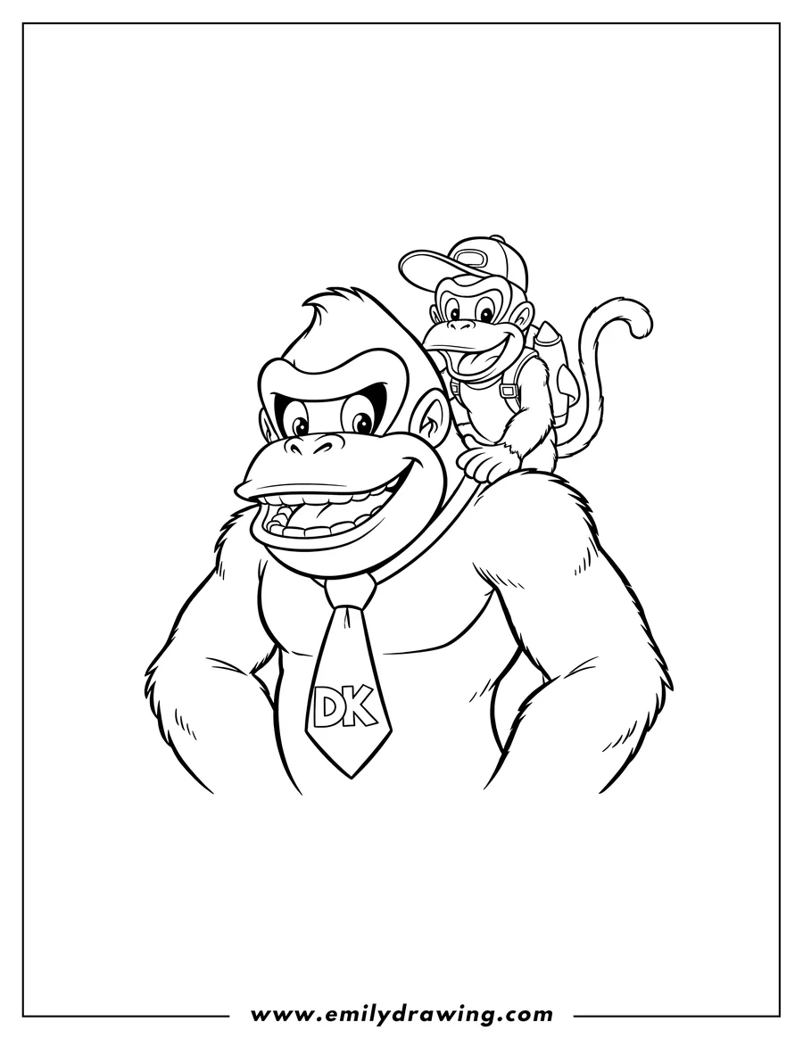 Clean line drawing: detailed Donkey Kong and Diddy Kong smiling