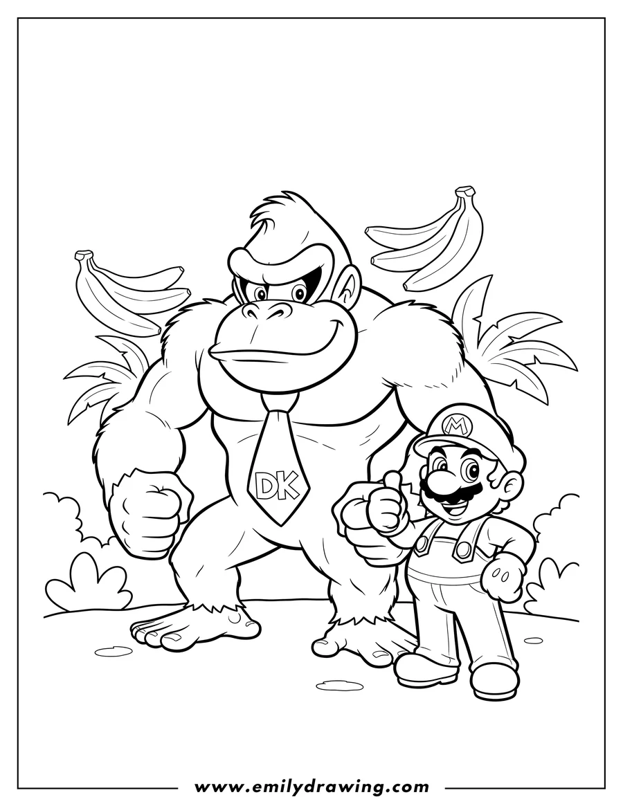 PDF style coloring page: donkey Kong clenching his fists and wearing a tie, with Mario standing nearby