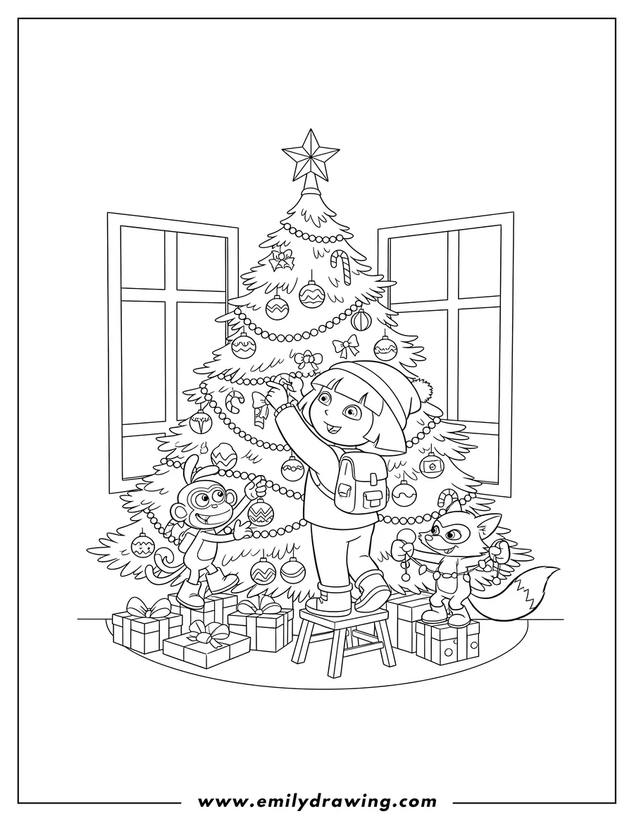Free to print drawing of dora, Boots, and Swiper decorating a Christmas tree with presents