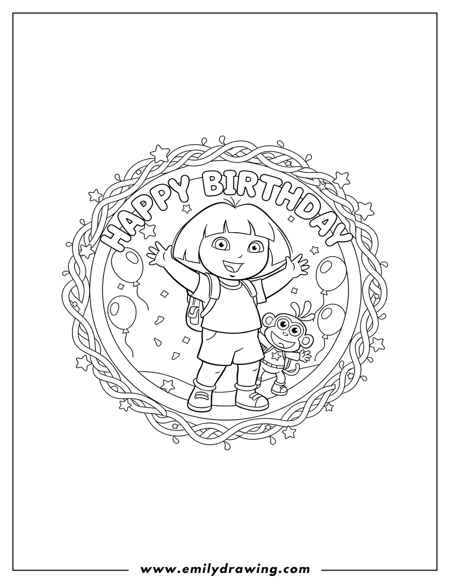 Coloring page for kids: dora smiling and waving in a circular frame with Happy Birthday text
