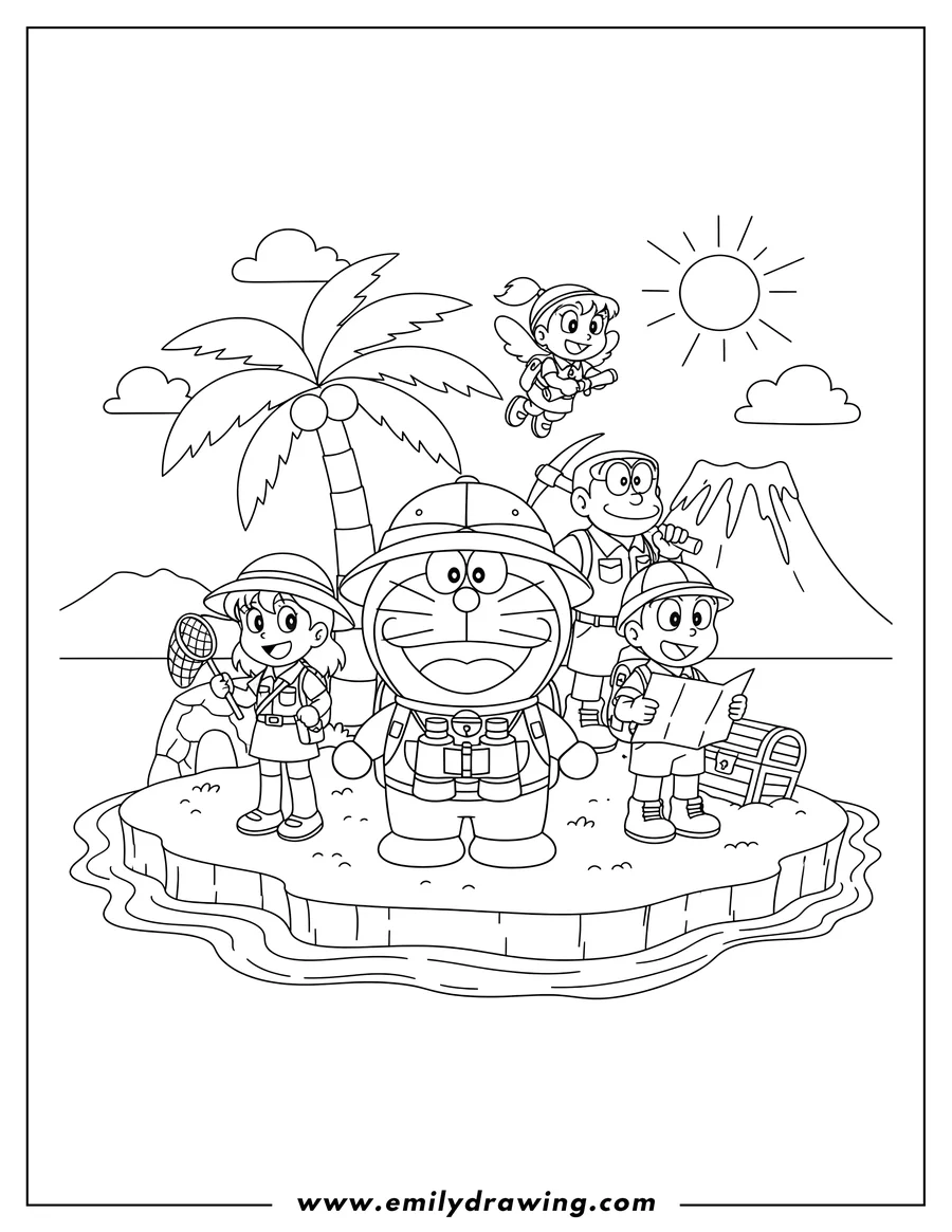 Black and white line art of doraemon, Nobita, and friends on an island adventure, dressed as explorers, with Doraemon smiling and Dorami flying
