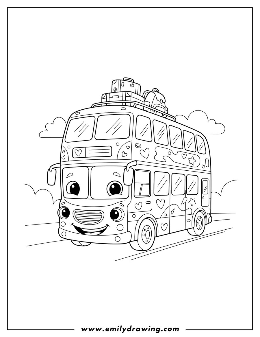 High quality printable double Decker Travel Bus for coloring