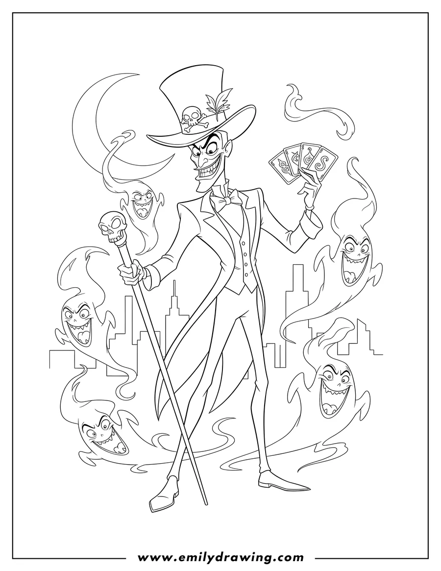 Free printable coloring sheet of dr. Facilier With Dark Magic Disney Villain holding a cane and spell cards, surrounded by spirits