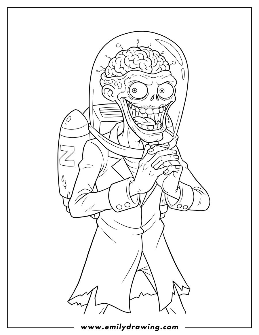 Coloring page for kids: dr Zomboss clasping his hands and grinning