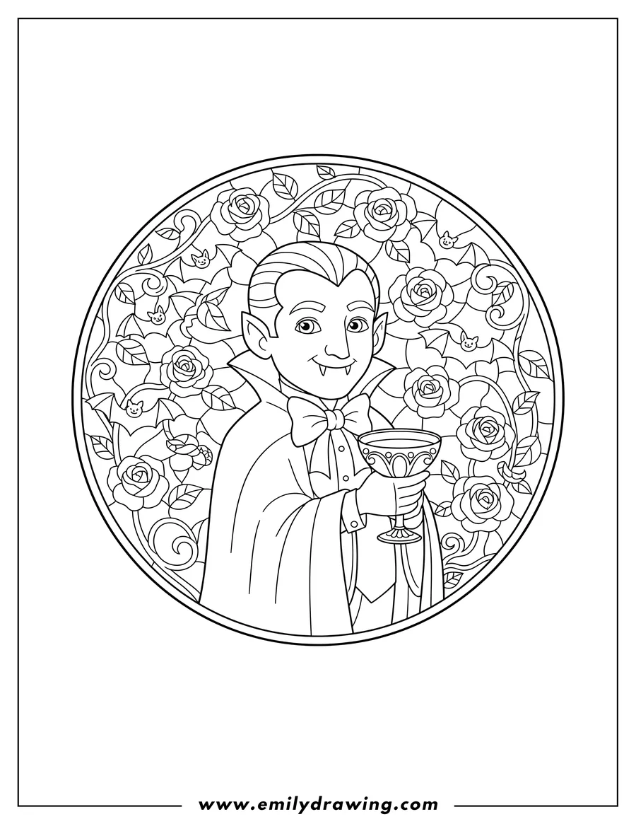 Downloadable coloring page of dracula wearing a cape and bow tie, holding a goblet with both hands, framed by stained glass with roses and bats