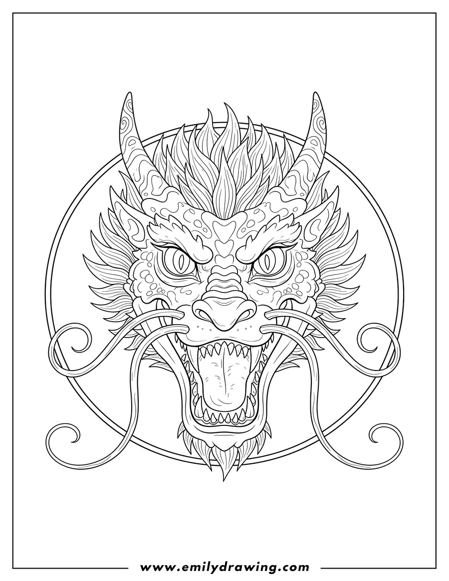 High quality printable detailed Dragon Face To Color, facing forward with an open mouth showing teeth and long whiskers for coloring