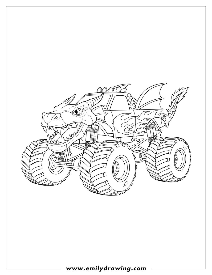 Free to print drawing of dragon Slayer Monster Truck Scaled, with a fierce dragon head and a fin-like tail