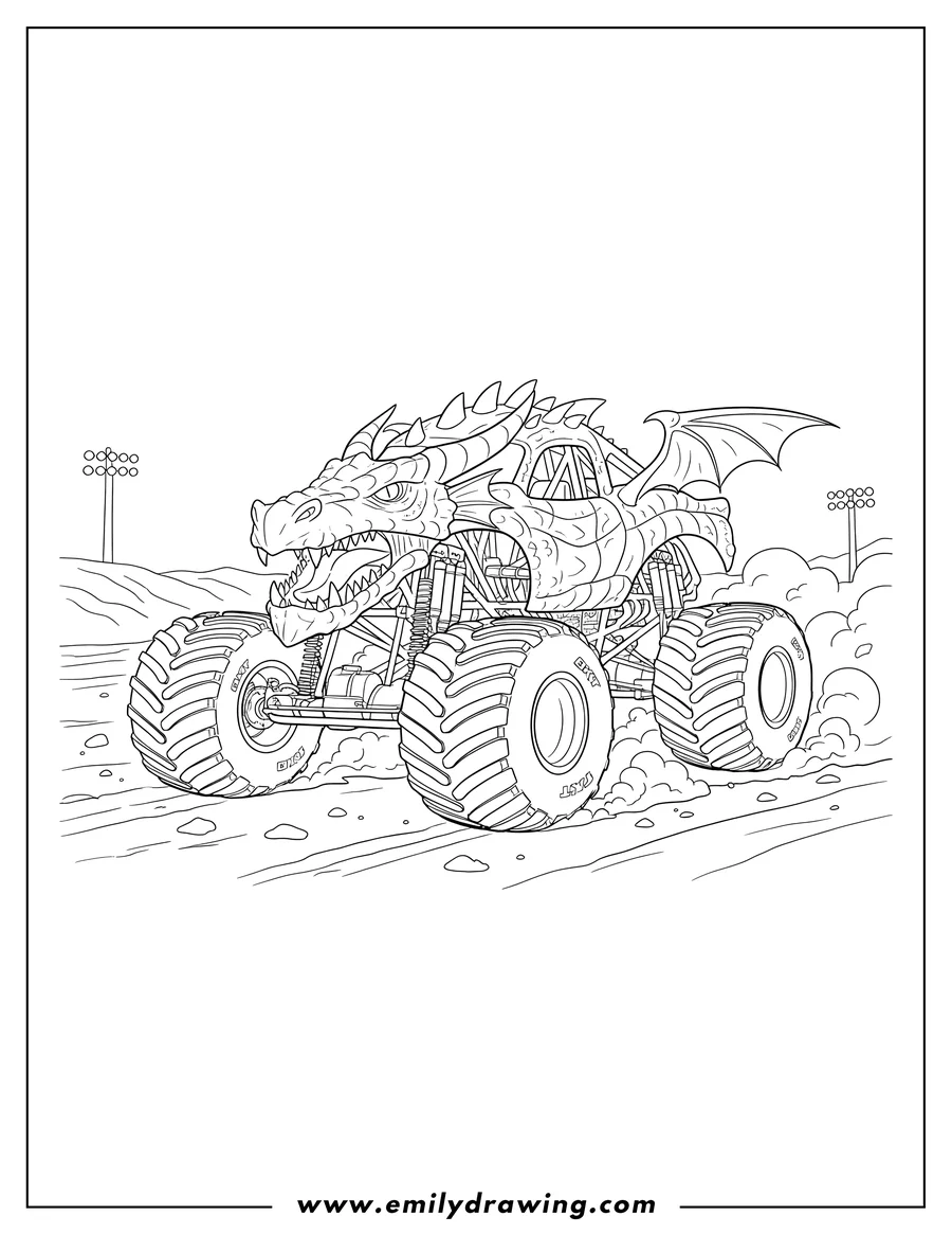 Printable coloring page of detailed Dragonoid Monster Jam Truck with BKT tires on a dirt track
