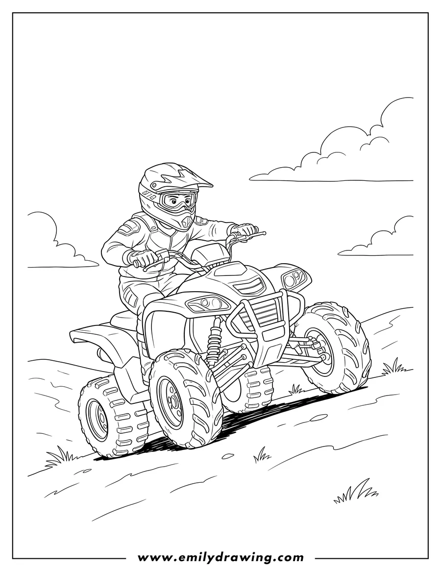 Clean line drawing: driver in a helmet riding an ATV uphill on grassland