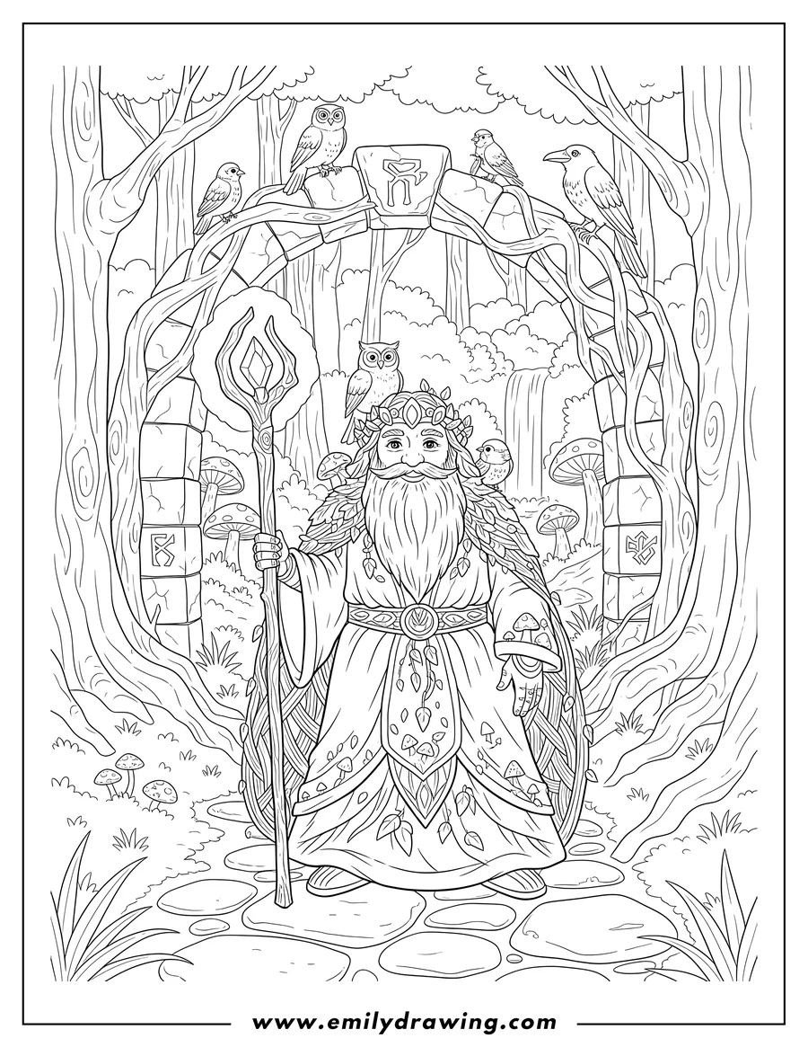 Coloring page for kids: detailed Druid Forest Dungeons And Dragons, with birds and staff