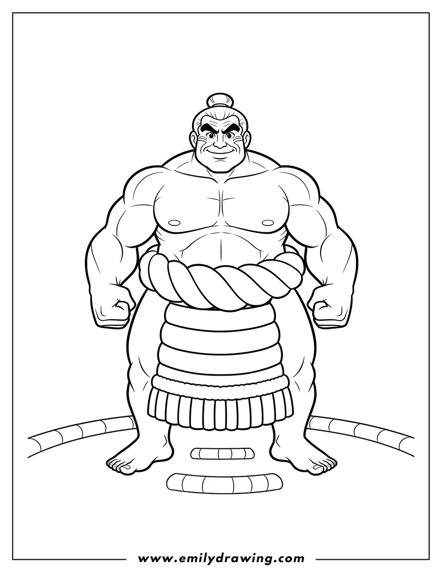 Printable coloring page of massive E Honda, wearing a striped sumo skirt, standing with fists clenched