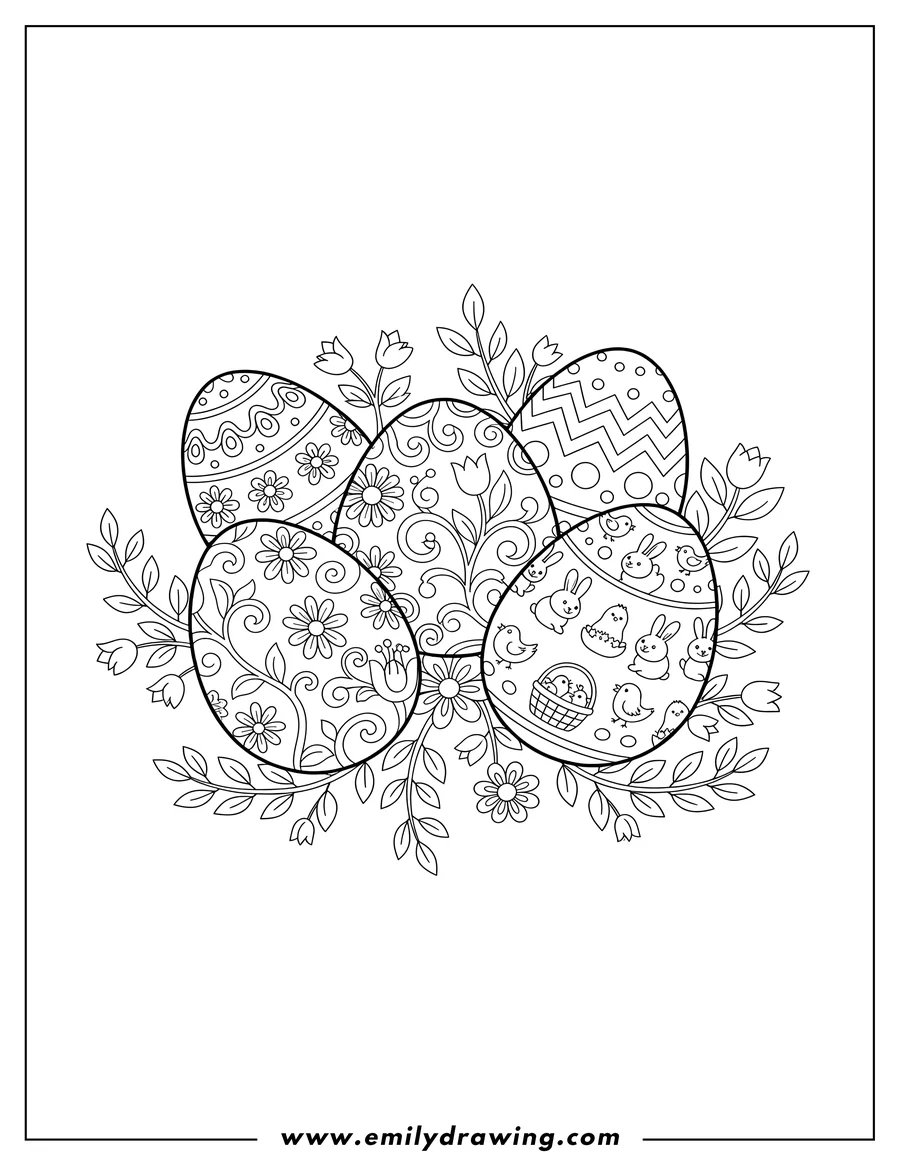 Coloring sheet featuring detailed Easter Eggs with Leafy Vines, Flowers, and Patterns