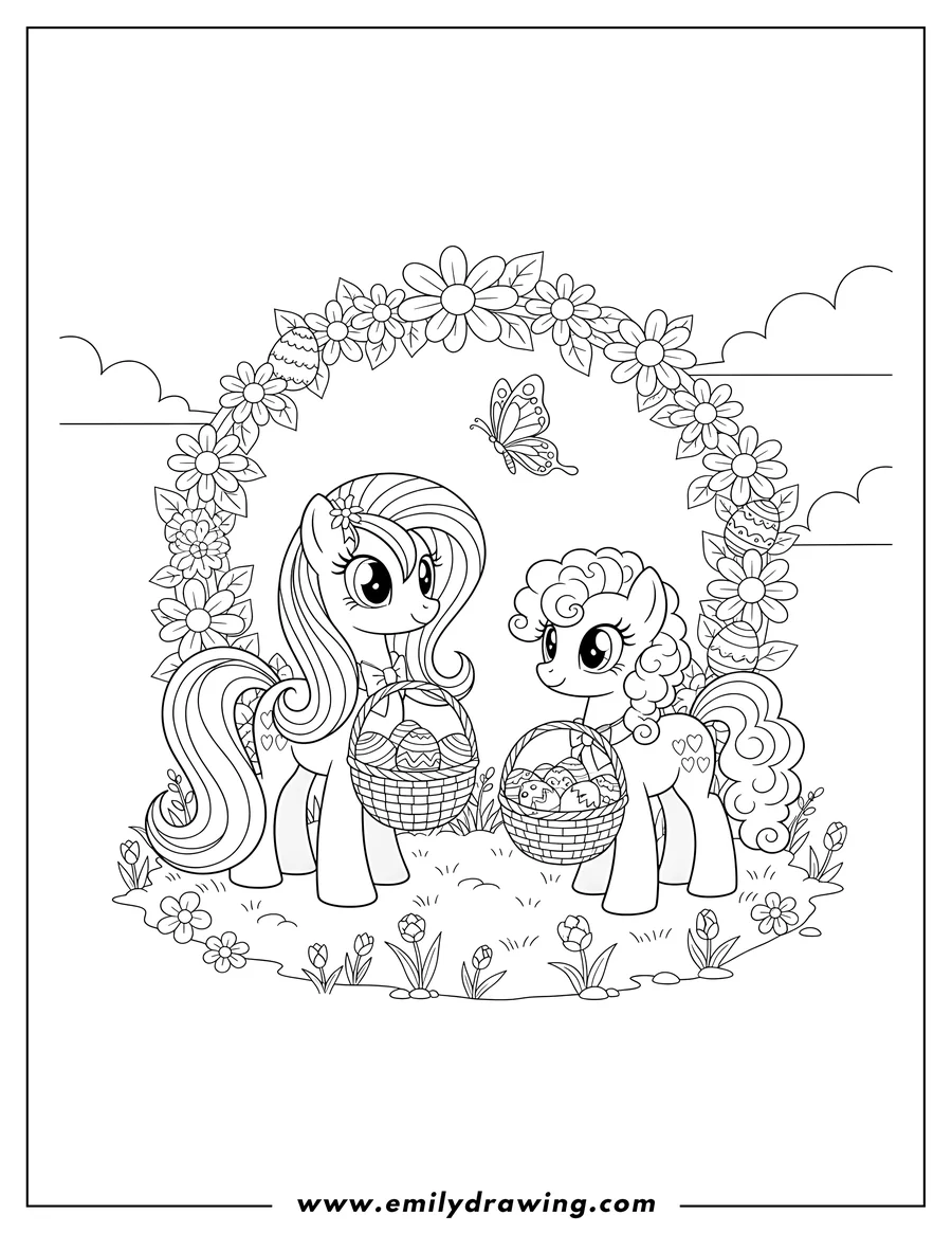 Downloadable coloring page of easter My Little Pony: two ponies holding baskets with eggs