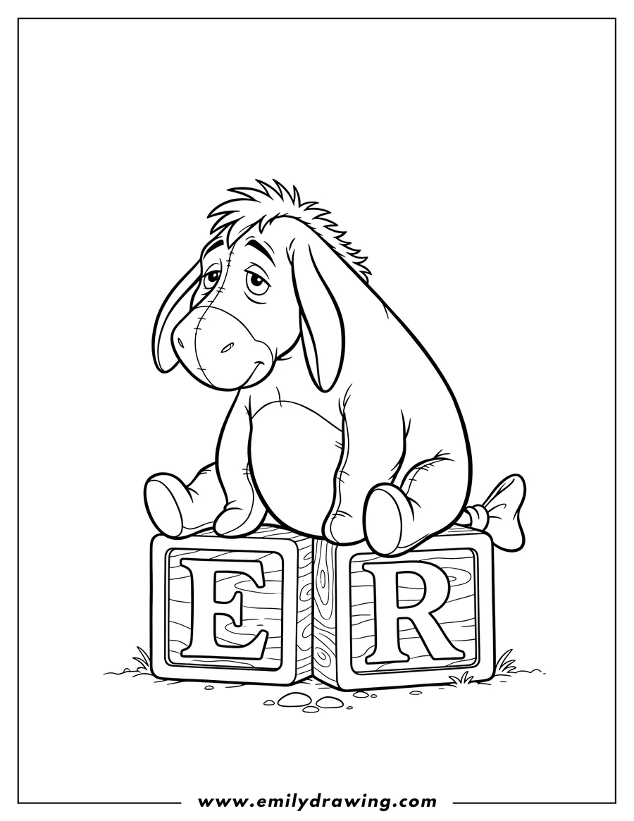 High quality printable eeyore Sitting On Wooden Letter Block with letters E and R, and his tail bow for coloring