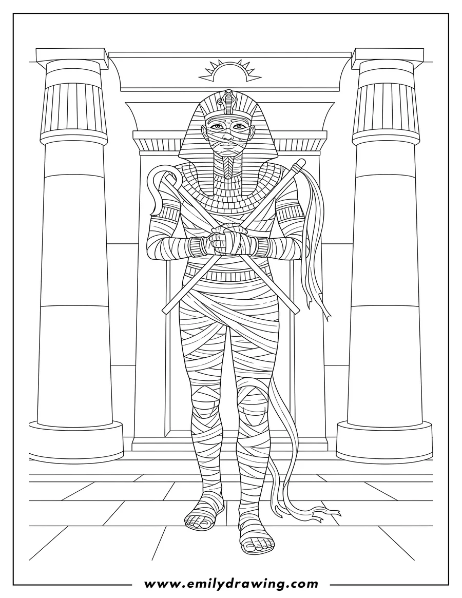 Vector style outline of egyptian Pharaoh Mummy holding a crossed crook and flail in a temple chamber