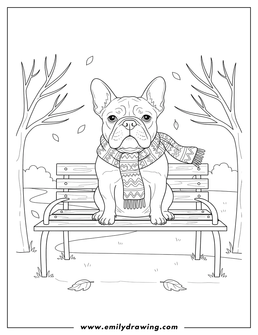 Printable line art of elderly French Bulldog with a scarf sitting on a bench in an autumn park, looking forward
