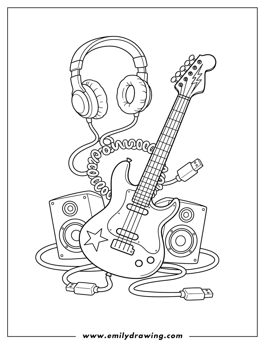 Coloring page for kids: electric Guitar with Speakers, Headphones, and USB Cables