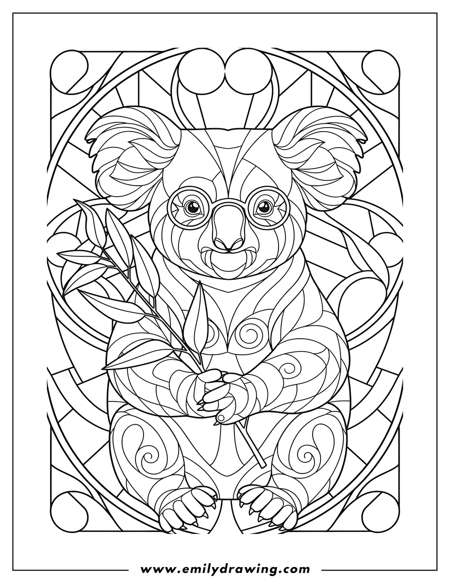 PDF style coloring page: elegant Koala Stained Glass, wearing glasses, holding a branch