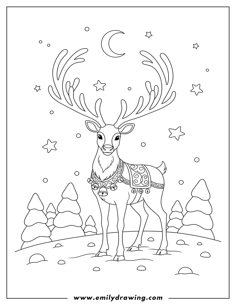 PDF style coloring page: elegant Reindeer With Large Antlers and Harness Standing and Looking Forward On Snowy Hill At Night