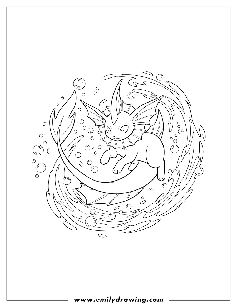 Free to print drawing of elegant Vaporeon in a dynamic pose amidst swirling water and bubbles
