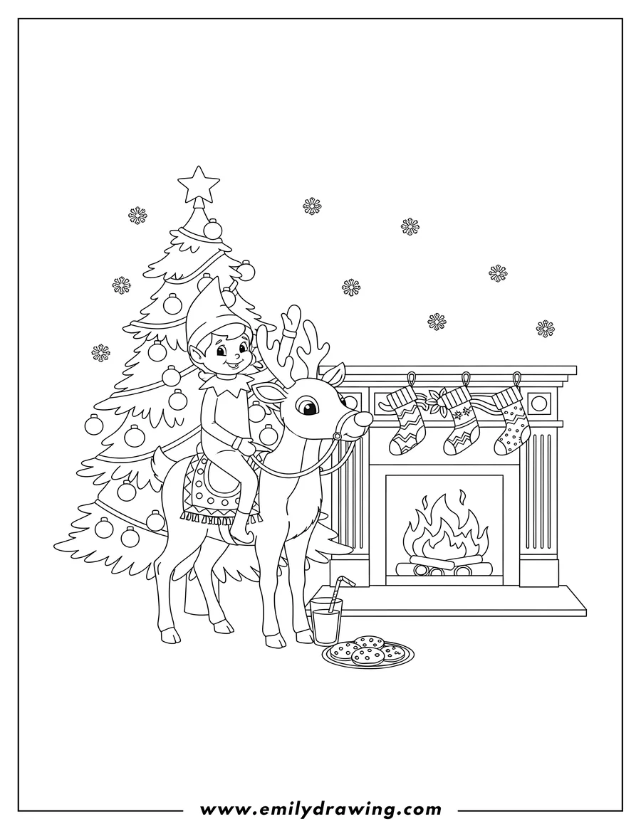 Printable coloring page of elf On Shelf riding a saddled reindeer by a fireplace with stockings and a Christmas tree, with cookies and milk on the floor