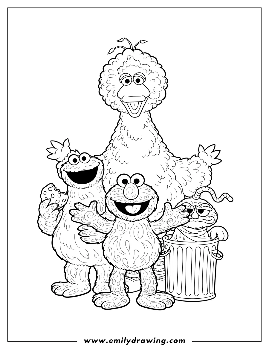 Linear illustration of elmo, Cookie Monster, Oscar the Grouch, and Big Bird