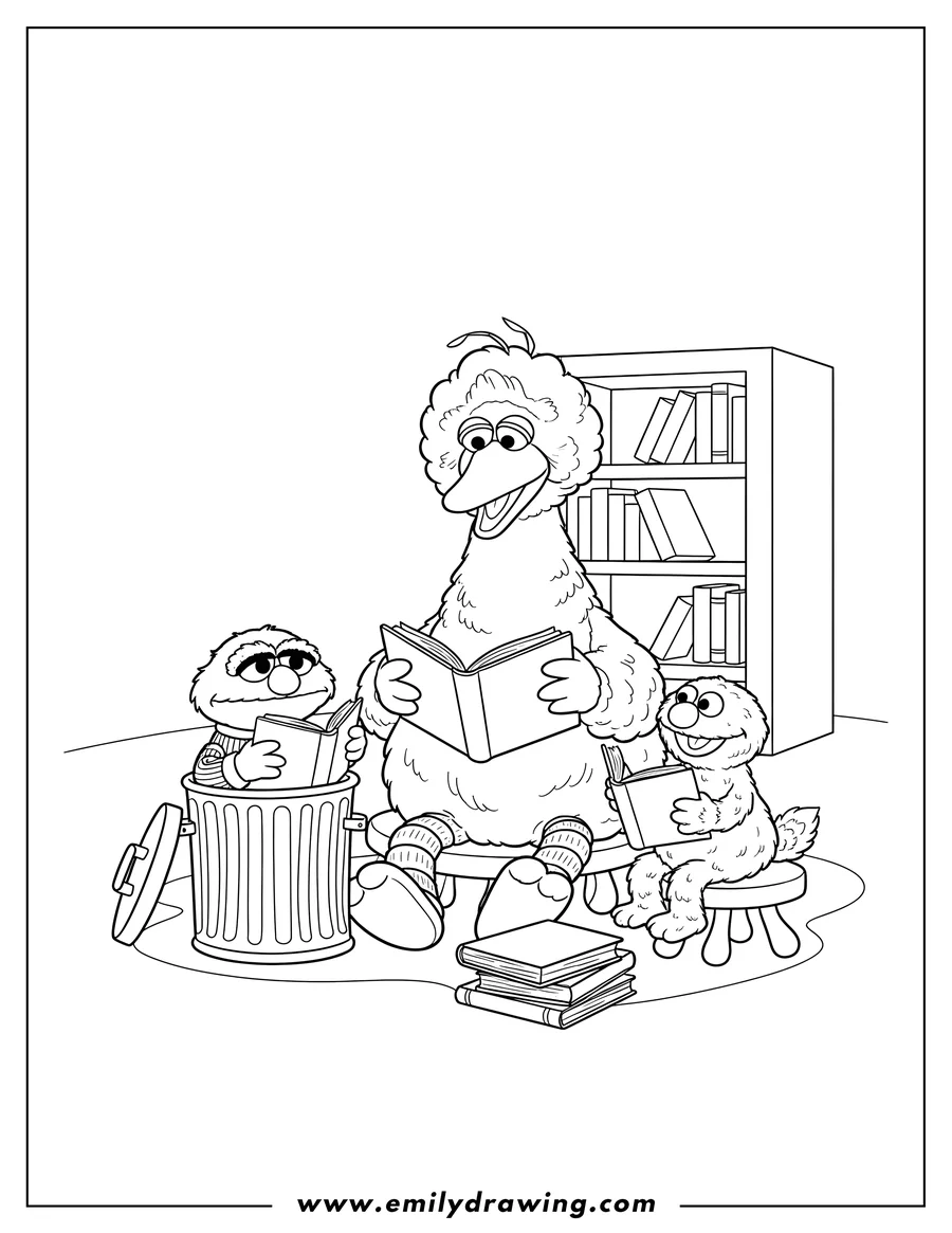 PDF style coloring page: elmo, Oscar in his trash can, and Big Bird reading books together for coloring