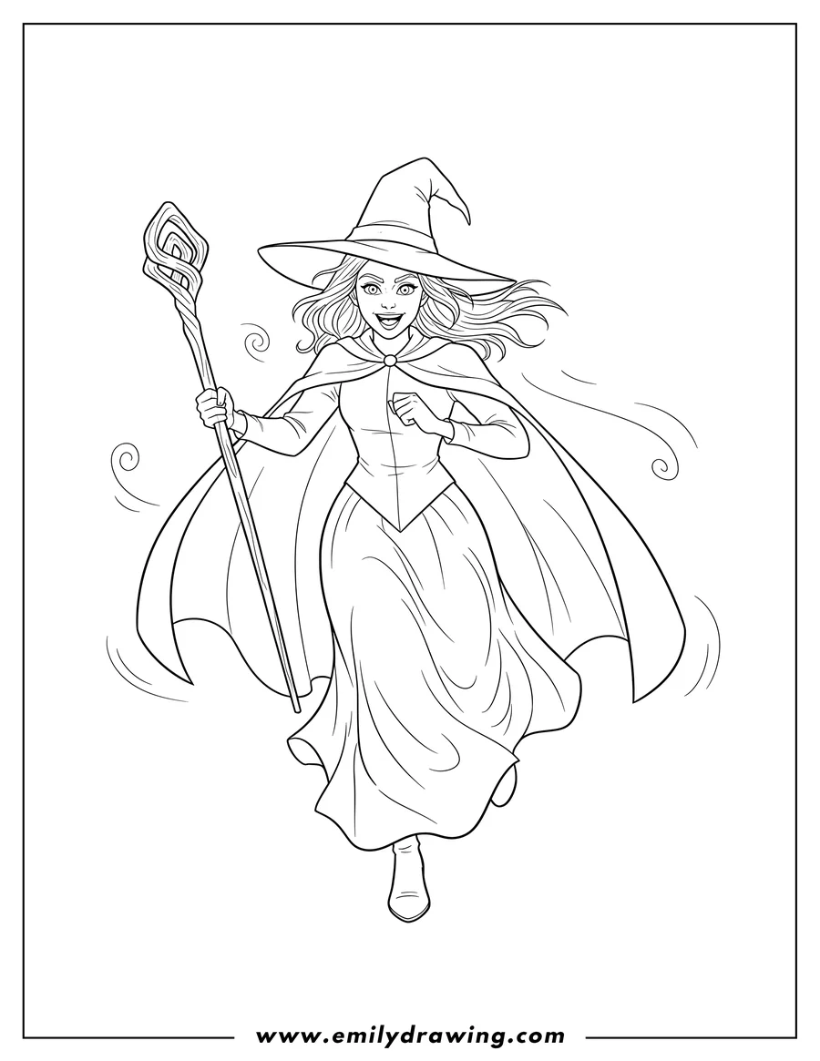 Full page coloring image of detailed Elphaba running, holding a staff, wearing a witch hat, with her cape and dress flowing