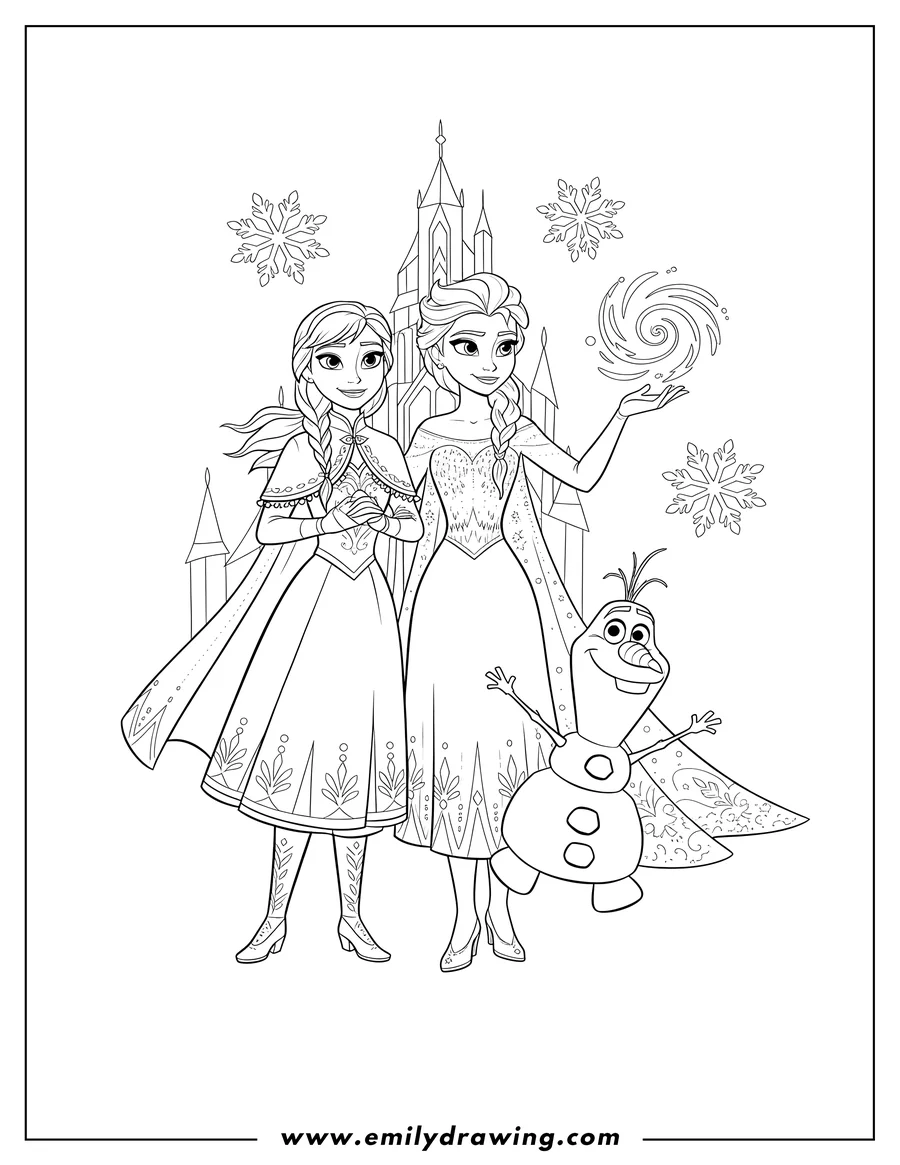 Outline drawing of frozen Movies: Elsa, Anna, and Olaf posing together