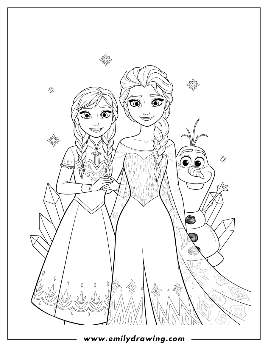 Free printable coloring sheet of elsa, Anna, and Olaf smiling together