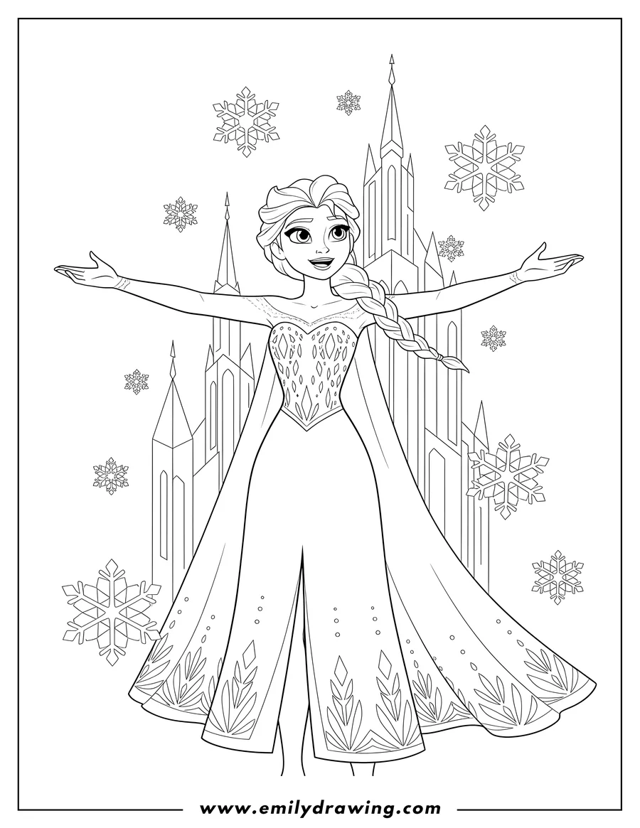 Vector style outline of elsa singing with outstretched arms amidst falling snowflakes