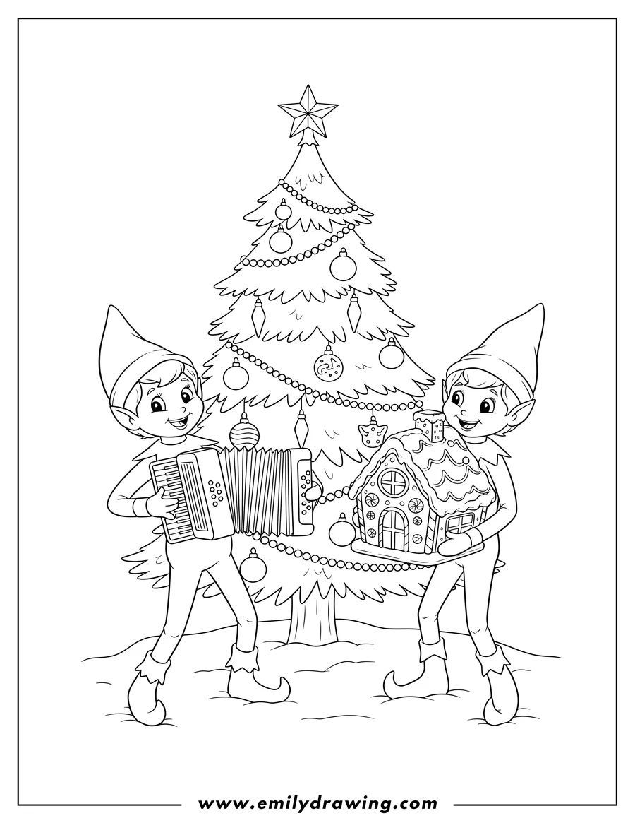 PDF style coloring page: two Elf on the Shelf characters, one playing an accordion and another holding a gingerbread house, next to a Christmas tree