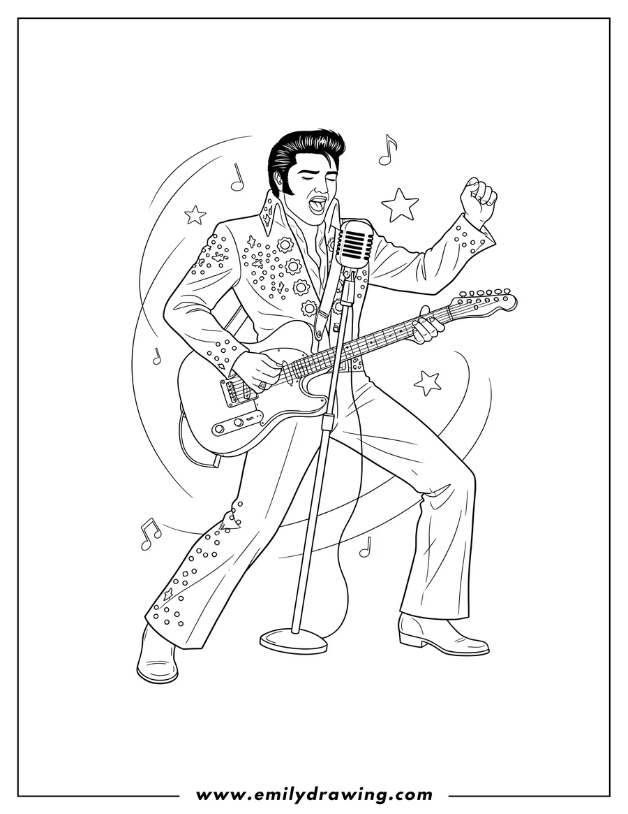 Vector style outline of elvis Presley singing passionately into a microphone, playing his guitar, and dancing