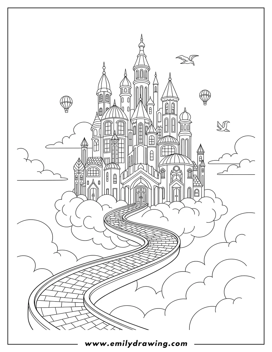 Coloring sheet featuring detailed Emerald City in the clouds with a curved road
